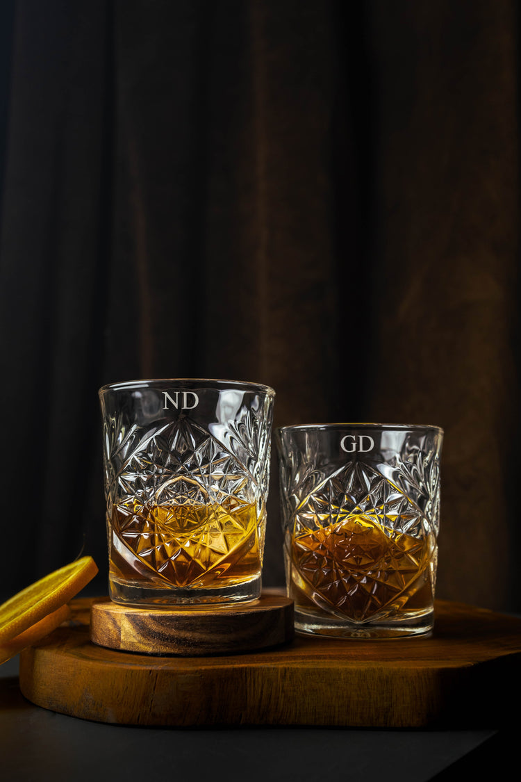 Pair of matching whisky tumblers with engraved initials