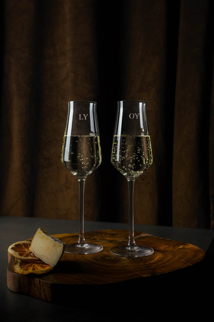 pair of Lucy champagne flutes engraved with monogram