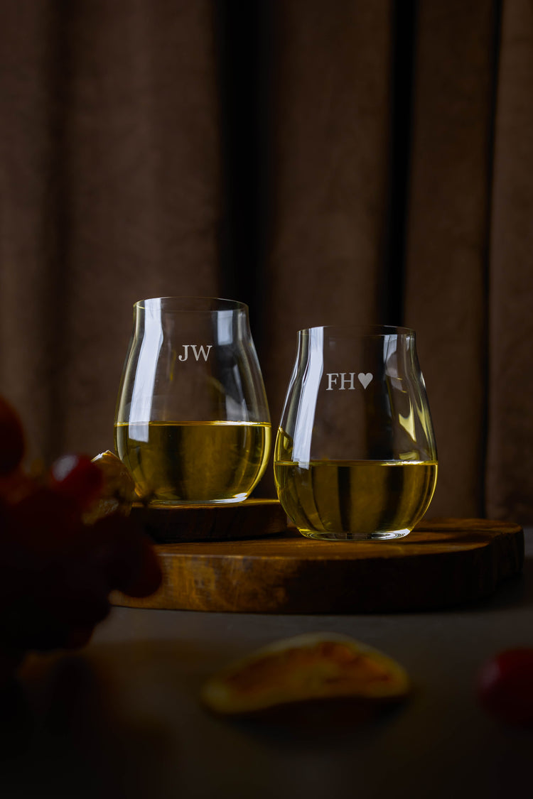 Pair of stemless wine glasses with engraved intials