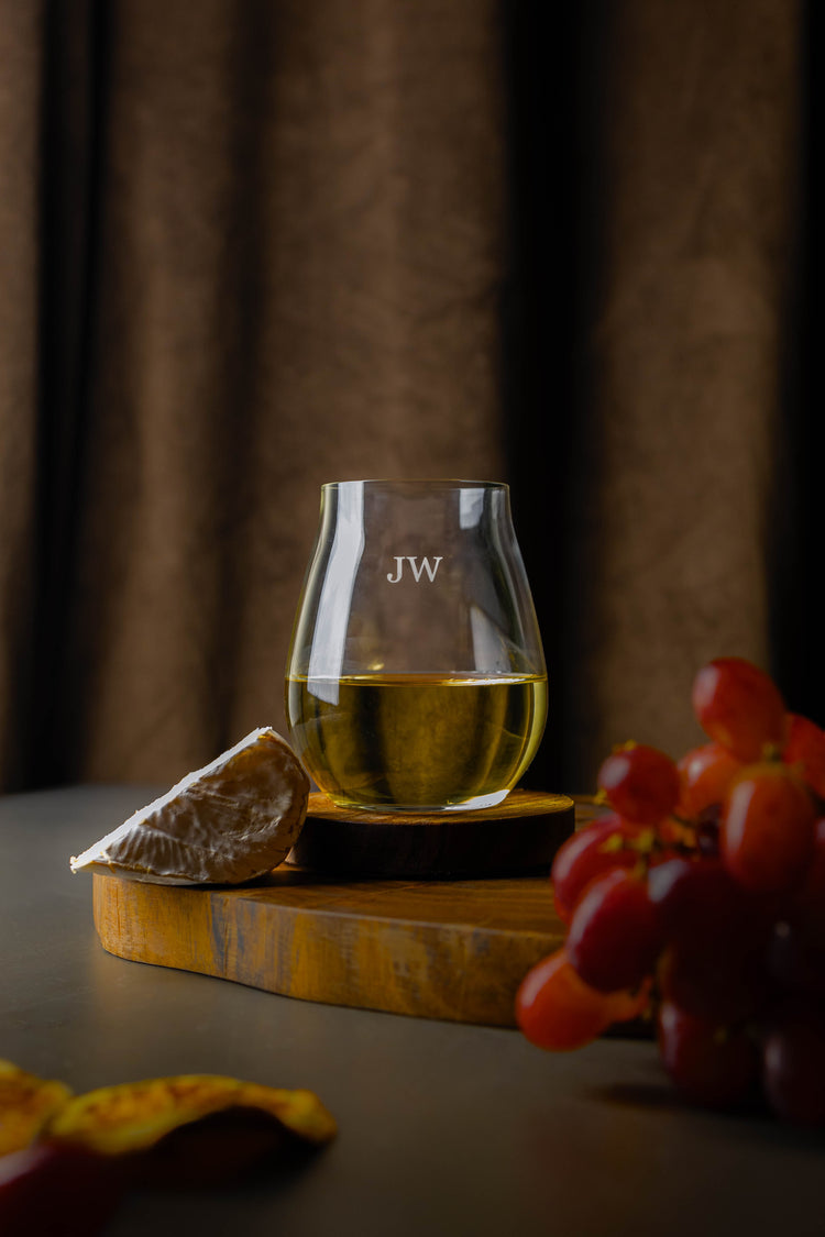 Engraved with initials stemless wine glass